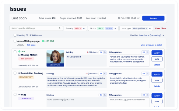 List of accessibility and SEO issues with severity labels and AI suggestions to fix them.