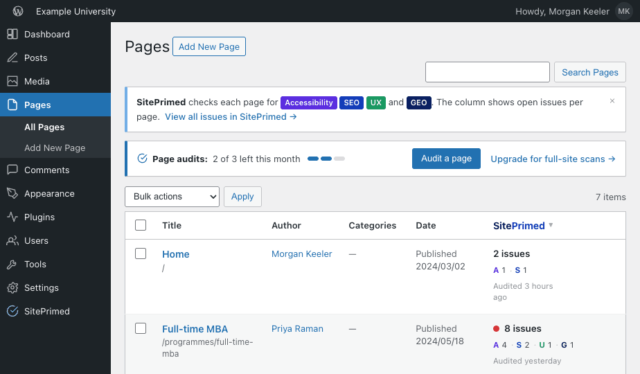SitePrimed's column in the WordPress Pages list — each page shows its open issues by lens, with a page-audit meter and an Audit a page action.